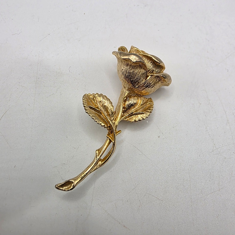 Vintage Rafaelian Gold Tone Rose Flower Brooch Long Stem Textured Floral Pin